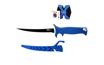 AccuSharp, Fillet Knife, Fixed Blade Knife, Blue Non-Slip Grip, Plain Edge, 6.5" Stainless Steel Blade, Satin Finish, Protective Sheath, Includes AccuSharp Ceramic Knife Sharpener