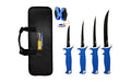 AccuSharp, 6-Piece Fillet Knife Kit with Sharpener, Fixed Blade Knives, Blue Non-Slip Grip, Plain Edge, 4.75"-8" Stainless Steel Blades, Satin Finish, Nylon Carry Case