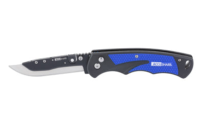 AccuSharp, Razor Knife, Folding Knife, 3.5" Replaceable Blade, Plain Edge, 420 Stainless Steel Blade, 3-Position Locking Blade, Anodized Finish, Black and Blue Handle, Includes 2 Replacement Blades