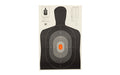 Action Target, B-27E Pros Target, Shaded Scoring Rings Starting Outside And Going Dark To Light With A Bright Orange Center, Silhouette Cut Off Below Ring 7, 23"x35", 100 Per Box