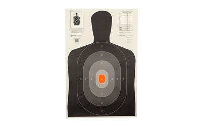 Action Target, B-27E Pros Target, Shaded Scoring Rings Starting Outside And Going Dark To Light With A Bright Orange Center, Silhouette Cut Off Below Ring 7, 23"x35", 100 Per Box