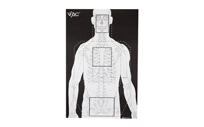 Action Target, VTAC-P, Viking Tactics Double Sided Advanced Training Target, Marksmanship Side Has 4 SR-1C Bulls-Eye Target w/1" Square Sighting Grid, Silhouette Side w/Visible Skeleton, Black/White, 23"x35", 100 Per Box