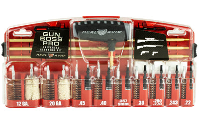 Real Avid, Cleaning Kit, Gun Boss Pro-Universal Gun Cleaning Kit, Multi-Function Handle, Three Brass Rod Sections, Kickstand Tool Case, Labeled compartments, Fits .22, .243, .280, .270, .30, .357, 9mm, .40, .45, 20Ga, 12Ga
