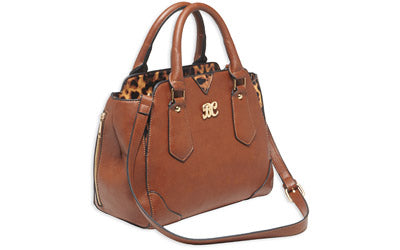 Bulldog Cases, Satchel Style Purse, Leather, Universal Fit Holster Included, Chestnut w/Leopard Trim