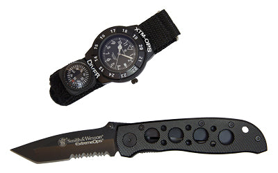 Caliber Gourmet, Smith and Wesson Extreme Ops Combo, Tanto Folding Knife and Matching Watch, Black