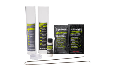 HUXWRX Safety Co., Suppressor Sauce Cleaning Kit, Multi Color, Includes Mix & Extraction Wire Tool, Mix Bottle, Soak Bottle with Lid, One Packet of Part A: Carbon Removal Formula, One Bottle of Part A: Activator, One Packet of Part B: Heavy Metal Removal