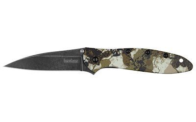 Kershaw, Leek, Assisted Folding Knife, 3" Wharncliffe Blade, 14C28N Blade Steel, 7" Overall Length, Black Stonewash Finish Blade, Plain Edge, 6061-T6 Aluminum Handle, Kings Camo, Flipper, Thumb Stud/Pocket Clip