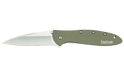 Kershaw, Leek, 3", Assisted Folding Knife, Clip Point Thumb, Plain Edge, 14C28N/Satin, Anodized Aluminum, Thumb Stud/Pocket Clip, Olive