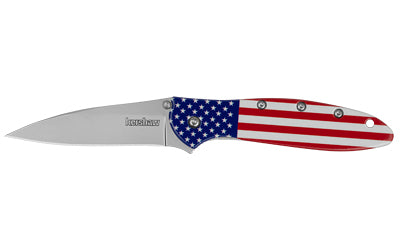 Kershaw, Leek, Folding Knife, Assisted Opening, 3" Drop Point Blade, 14C28N Blade Steel, 7" Overall Length, Liner Lock, Bead Blasted Finish, Silver Blade, American Flag Handle