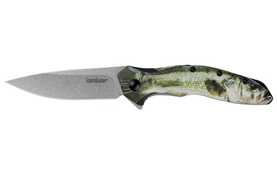 Kershaw, Shoreline, Assisted Folding Knife, 3" Drop Point Blade, 8Cr13MoV Blade Steel, 7.15" Overall Length, Silver Stonewash Finish Blade, Plain Edge, Aluminum Handle, Bass, Flipper, Tip Up Pocket Clip