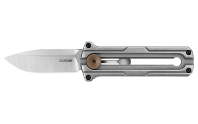 Kershaw, Cybernet, Folding Knife, Out the Front, Plain Edge, D2 Blade Steel, Satin Finish, Silver, Stainless Steel Handle, Sliding Button Lock, 2.4" Blade, 5.95" Overall Length, Includes Pocket Clip