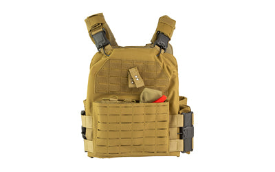 NcSTAR, Quick Release Laser Cut Plate Carrier, Tan, Size 2XL, Quick Release Metal Buckles at Shoulders and Sides, Side Plate Panel Pockets fit 6"x11" Side Plates, Laser Cut MOLLE Slots, Kangaroo Pouch, Adjustable Cummerbund, Main Pouch Fits 11"x14" Hard