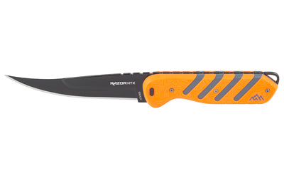 Outdoor Edge, Razor HTX, Fixed Blade Knife, Plain Edge, 3.5" Blade Length, Includes (3) Drop Point Blades, (2) Black Bone Blades, (1) Gutting Blade, (1) Saw Blade Pod, Matte Finish, Orange & Gray Rubberized Aluminum Handle, Includes Sheath