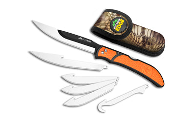 Outdoor Edge, Razorwork, Folding Knife, Plain Edge, Black Oxide Finish, 420J2 Stainless Steel, Orange Handle, Includes (2) Boning/Filet Knives, (3) Drop-Point Blades, and (1) Gutting Blade