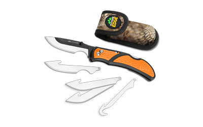 Outdoor Edge, Razorcape, Folding Knife, Plain Edge, 3" Blades, Black Oxide Finish, 420J2 Stainless Steel, Orange Handle, Includes (2) Caping Blades, (2) Drop Point Blades, and (1) Gutting Blade