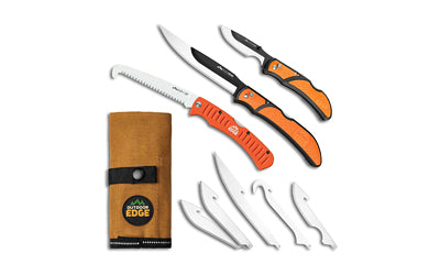 Outdoor Edge, Razorguide Pak, Folding Knife Set, Black Oxide Finish, 420J2 Stainless Steel, Orange Handle, Includes (1) Razorbone with 5 Blades, (1) Razorcape with 2 Blades, and (1) Flip N Zip Saw