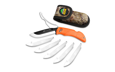 Outdoor Edge, Razor Pro, Folding Knife, Plain Edge, 3.5" Blades, 420J2 Stainless Steel, Orange Handle, Includes (6) Drop Point Blades and Gut Blade