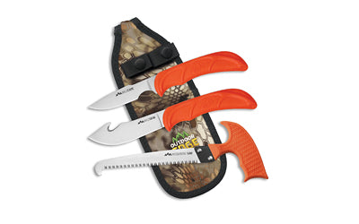 Outdoor Edge, Wild Guide, Fixed Blade Knife Set, Plain Edge, 420J2 Stainless Steel, Orange Handle, Includes (1) Caper Knife, (1) Skinner Knife, (1) Bone Saw, and Nylon Sheath