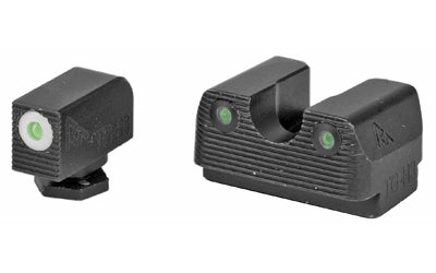 Rival Arms, Tritium 3 Dot Front/Rear Green Night Sight, Fits Glock 17/19, White Front Sight Ring, Black Nitride Quench-Polish-Quench (QPQ) Finish