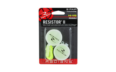Radians, Resistor II Reusable Corded Ear Plug, 3 Pair, High Visibility, Clear/Green, NRR 27, 4 Flange Tapered Shape