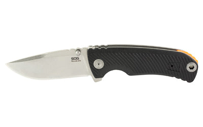 SOG Knives & Tools, Tellus ATK, Folding Knife, 3.5" Clip Point Straight Edge, Glass Reinforced Nylon Handle, CRYO 440C Steel, Stonewash Finish, Black and Silver w/Orange Accent