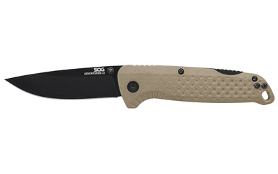 SOG Knives & Tools, Adventurer, Folding Knife, 3.5" Clip Point Blade, 7.50" Overall Length, 5Cr15MoV Steel, Titanium Nitride Finish Blade Steel, Straight Edge, Black, Flat Dark Earth Glass-Reinforced Nylon Handle, SAT Opener, Lock Back