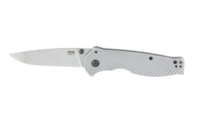 SOG Knives & Tools, Flash II FL, Folding Knife, 3.4" Drop Point Blade, 8Cr13MoV Blade Steel, Straight Edge, Satin Finish, Silver, Silver Stainless Steel Handle, Thumb Stud Opener, Frame Lock