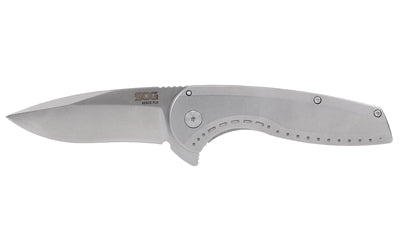 SOG Knives & Tools, Aegis FLK 2.0, Folding Knife, 3.25" Drop Point Knife, 8" Overall Length, 8Cr13MoV Stainless Blade Steel, Straight Edge, Satin Finish, Silver, Silver 410 Stainless Steel Handle, Kick Opener, Frame Lock