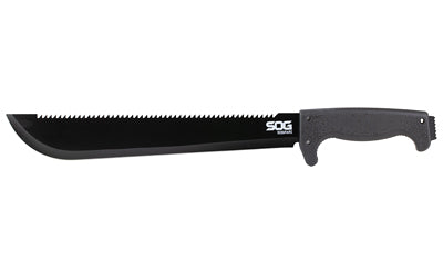 SOG Knives & Tools, SOGfari Machete, 13" Straight/Saw Back Edge, Black Kraton Handle, 3Cr13 Steel, Powder Coat Finish, Black, Includes Nylon Sheath