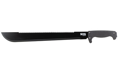 SOG Knives & Tools, SOGfari Machete, 18" Straight/Saw Back Edge, Black Kraton Handle, 3Cr13 Steel, Powder Coat Finish, Black, Includes Nylon Sheath