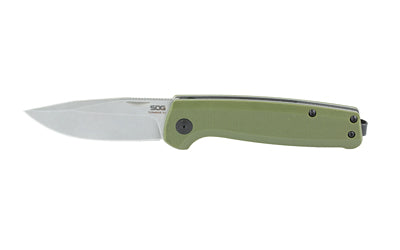 SOG Knives & Tools, Terminus SJ, Folding Knife, 2.9" Clip Point Blade,7.1" Overall Length, CRYO D2 Blade Steel, Plain Edge, Stonewash Finish, Silver, Olive Drab Green G10 Handle, Nail Nick Opener, Slip Joint Lock