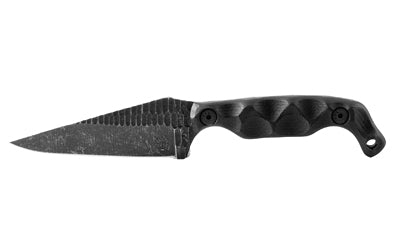Stroup Knives, BRAVO 5, Fixed Blade Knife, 3.5" Clip Point Blade, 1095 High Carbon Steel, 7.75" Overall Length, Acid Etched Finish, Black, G10 Handle, Includes Sheath