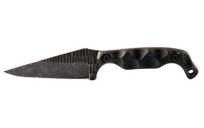 Stroup Knives, Bravo 5, Fixed Blade Knife, 3.5" Wharncliffe Blade, 7.75" Overall Length, 1095 High Carbon Blade Steel, Plain Edge, Acid Etched Finish, Black, Gray G-10 Handle, Includes Kydex Sheath