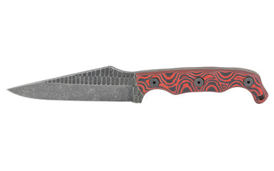 Stroup Knives, TU2, Fixed Blade Knife, 4" Clip Point Blade, 1095 High Carbon Steel, 8.5" Overall Length, Acid Etched Finish, Black, Black and Red G10 Handle, Includes Sheath