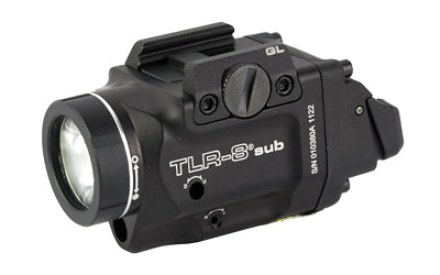 Streamlight, Streamlight TLR-8 Sub, White LED with Red Laser, Fits Glock 43x/48 MOS, 500 Lumens, Anodized Finish, Black, Includes (1) CR123a Battery, Low and High Switches