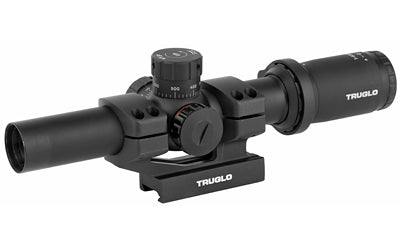 TRUGLO, TRU-BRITE 30, Rifle Scope, 1-6X24mm, 30mm, Power Ring Duplex Mil-Dot Illuminated Reticle, 1/2MOA, Matte Finish, Includes 1 Piece Base, 2 Pre-Calibrated BDC Turrets in .223 (55 Grain) and .308 (168 Grain), and Throw Lever